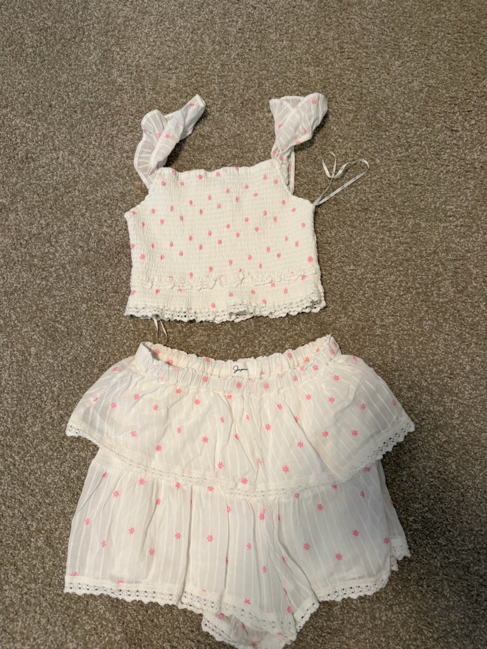 Altar'd State White Two-Piece Smocked Crop Top & Ruffle Shorts with Pink Floral